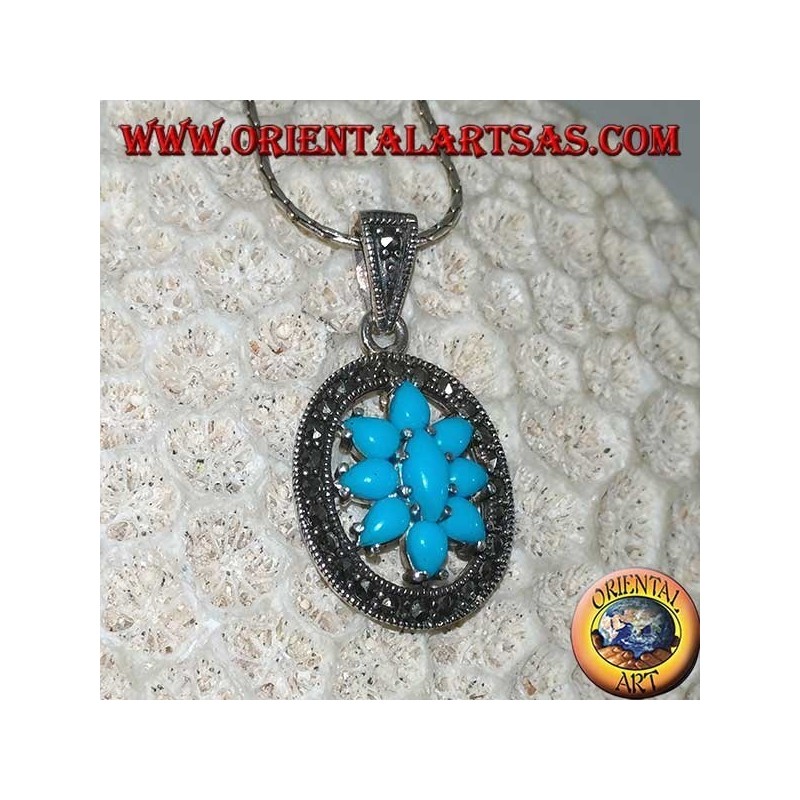 Colgante en plata ovalada con turquesa rodeado de marcasitas