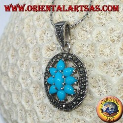 Colgante en plata ovalada con turquesa rodeado de marcasitas