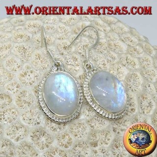 Silver pendent earrings with oval rainbow moonstone