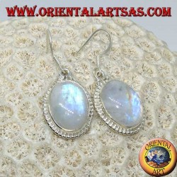 Boucles d'oreilles pendantes en argent avec pierre de lune arc-en-ciel ovale