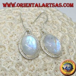 Silver pendent earrings with oval rainbow moonstone
