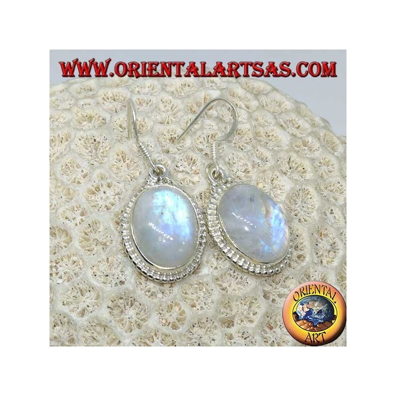 Silver pendent earrings with oval rainbow moonstone