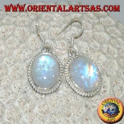 Boucles d'oreilles pendantes en argent avec pierre de lune arc-en-ciel ovale