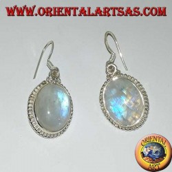 Silver pendent earrings with oval rainbow moonstone