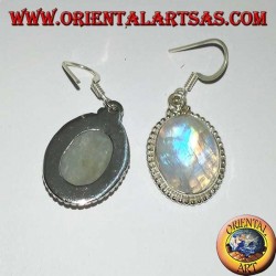 Silver pendent earrings with oval rainbow moonstone