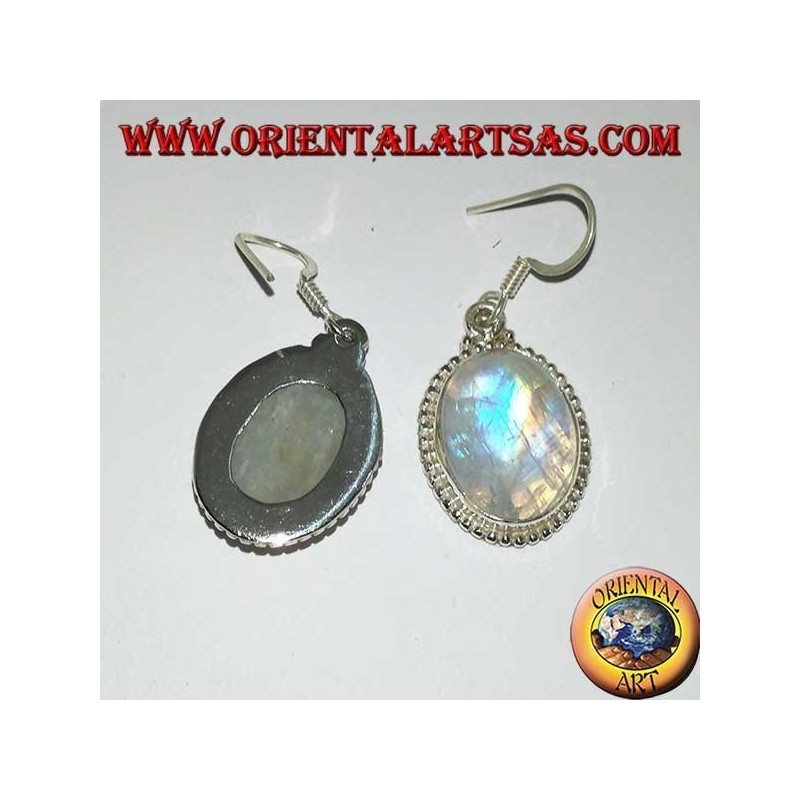 Silver pendent earrings with oval rainbow moonstone