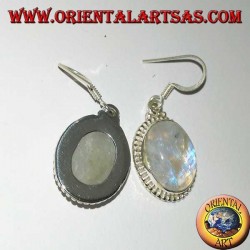 Silver pendent earrings with oval rainbow moonstone