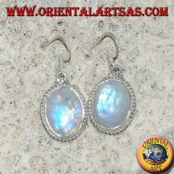 Boucles d'oreilles pendantes en argent avec pierre de lune arc-en-ciel ovale