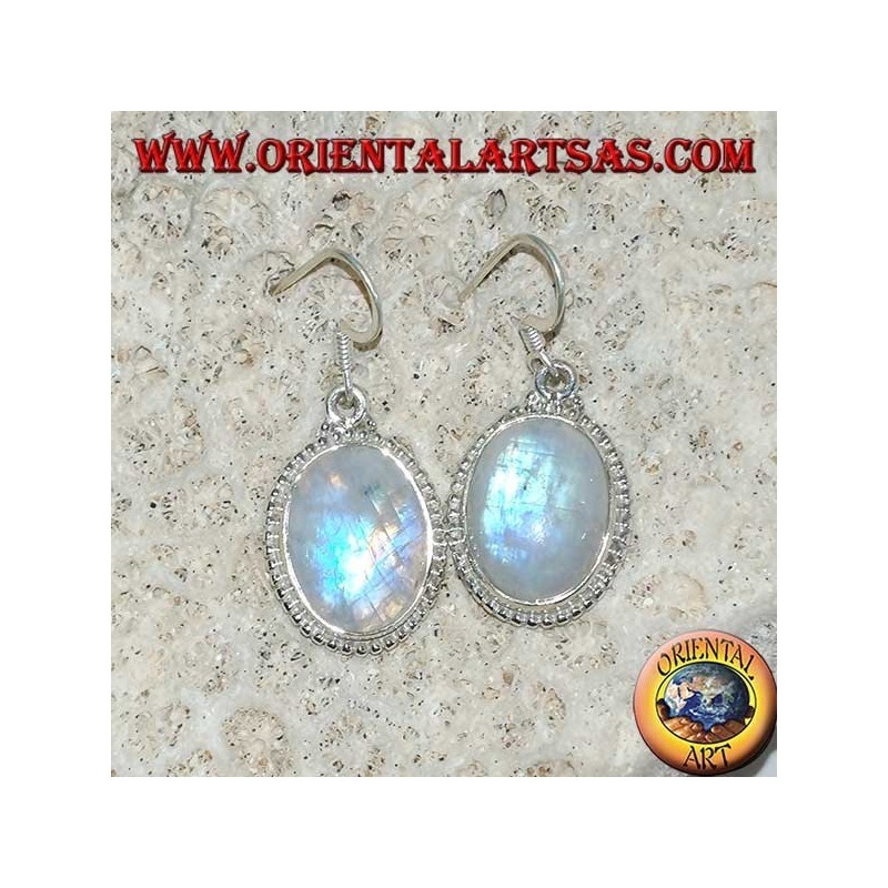 Orecchini in argento pendenti con pietra di luna arcobaleno ovale