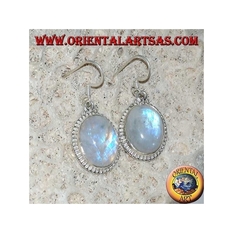 Orecchini in argento pendenti con pietra di luna arcobaleno ovale