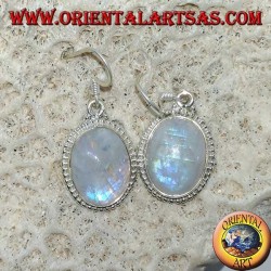 Boucles d'oreilles pendantes en argent avec pierre de lune arc-en-ciel ovale
