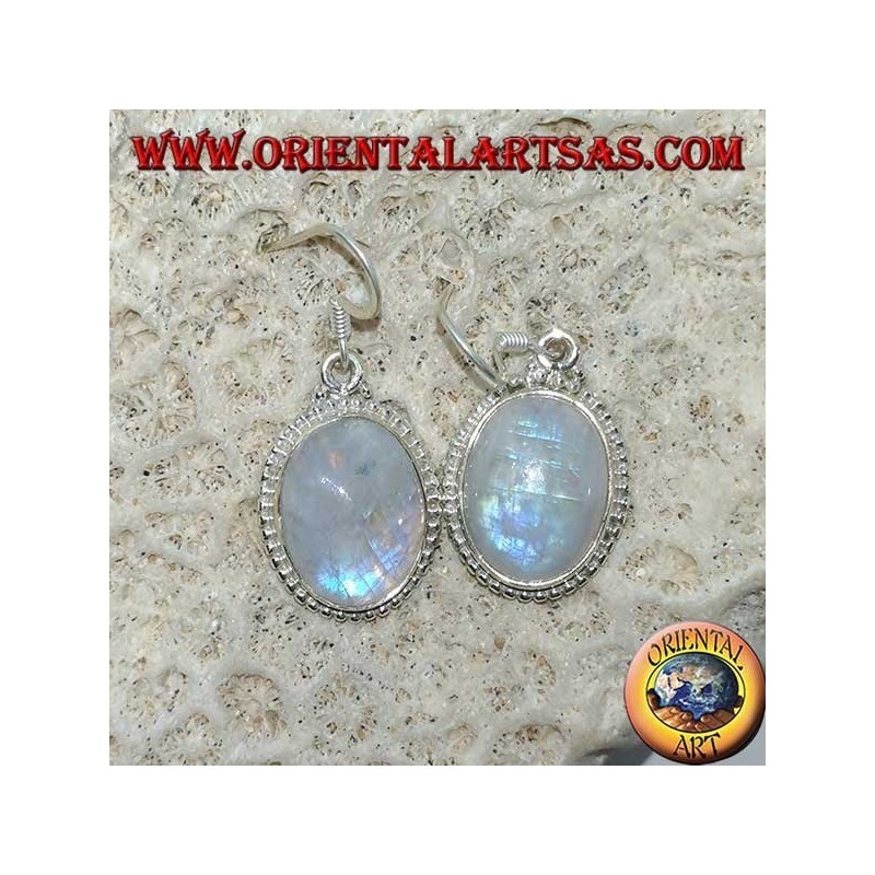 Orecchini in argento pendenti con pietra di luna arcobaleno ovale