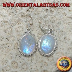 Silver pendent earrings with oval rainbow moonstone