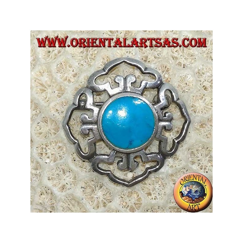 Dorje double silver brooch with central round turquoise