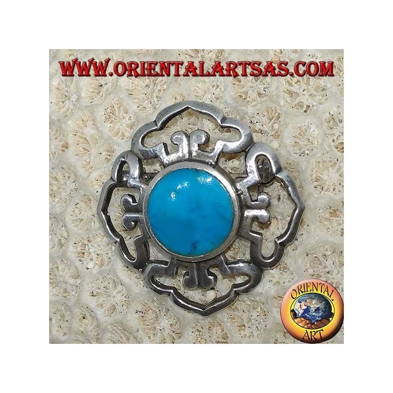 Dorje double silver brooch with central round turquoise