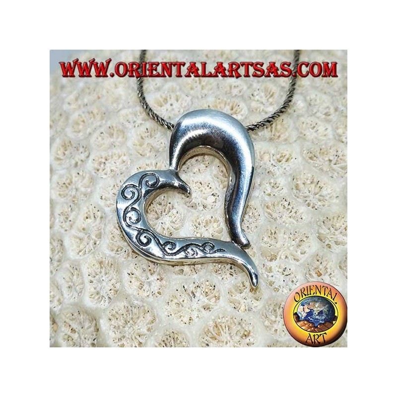 Silver pendant heart shape with double-sided carvings