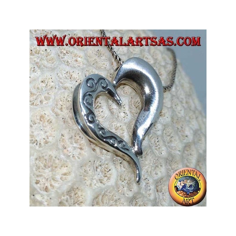 Silver pendant heart shape with double-sided carvings