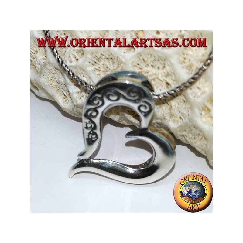 Silver pendant heart shape with double-sided carvings