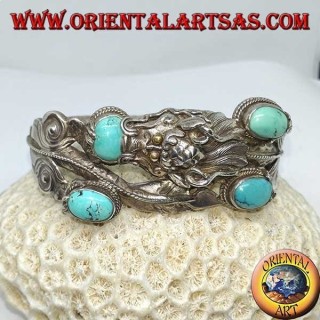 Bracelet en argent rigide, Dragon avec turquoise naturelle fait à la main avec une ouverture de menottes