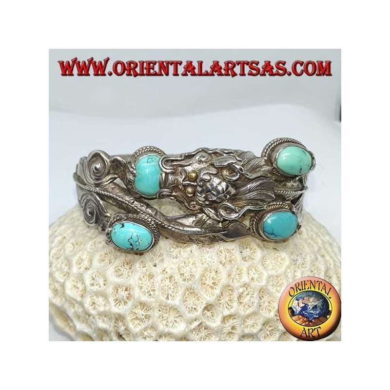 Bracelet en argent rigide, Dragon avec turquoise naturelle fait à la main avec une ouverture de menottes