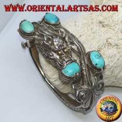 Bracciale in argento rigido, Drago con Turchesi naturali fatto a mano con apertura a manetta