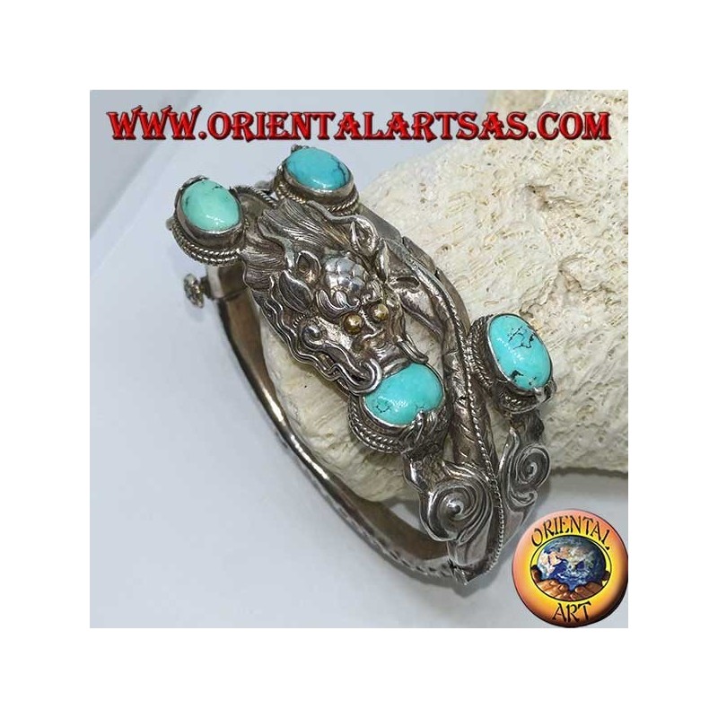 Bracelet en argent rigide, Dragon avec turquoise naturelle fait à la main avec une ouverture de menottes