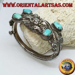 Bracelet in rigid silver, Dragon with natural turquoise handmade with a handcuff opening