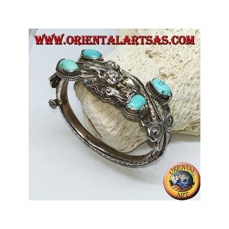 Pulsera en plata rígida, Dragón con turquesa natural hecha a mano con apertura de esposas.