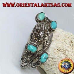 Bracelet en argent rigide, Dragon avec turquoise naturelle fait à la main avec une ouverture de menottes