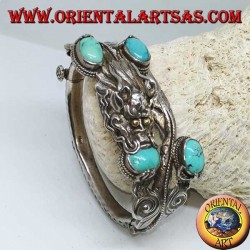 Bracelet en argent rigide, Dragon avec turquoise naturelle fait à la main avec une ouverture de menottes