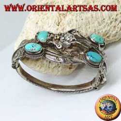 Bracciale in argento rigido, Drago con Turchesi naturali fatto a mano con apertura a manetta