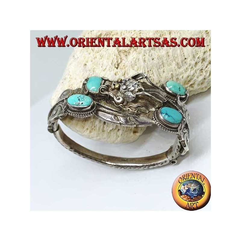 Bracelet in rigid silver, Dragon with natural turquoise handmade with a handcuff opening