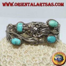 Bracciale in argento rigido, Drago con Turchesi naturali fatto a mano con apertura a manetta
