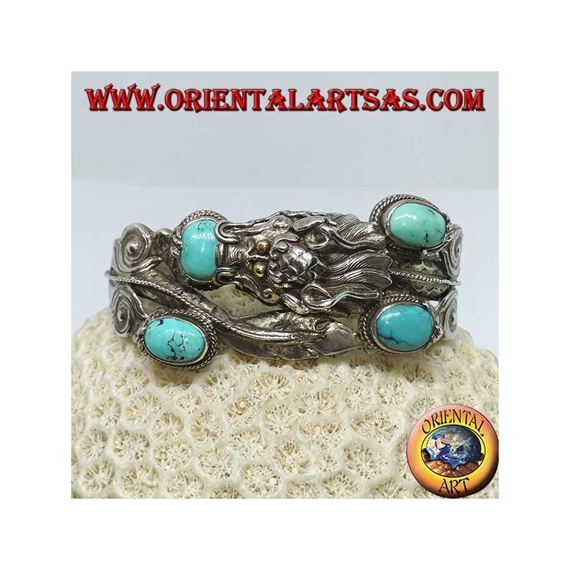 Bracciale in argento rigido, Drago con Turchesi naturali fatto a mano con apertura a manetta