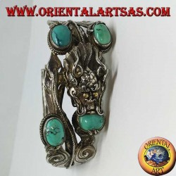 Bracelet en argent rigide, Dragon avec turquoise naturelle fait à la main avec une ouverture de menottes