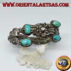 Bracelet in rigid silver, Dragon with natural turquoise handmade with a handcuff opening