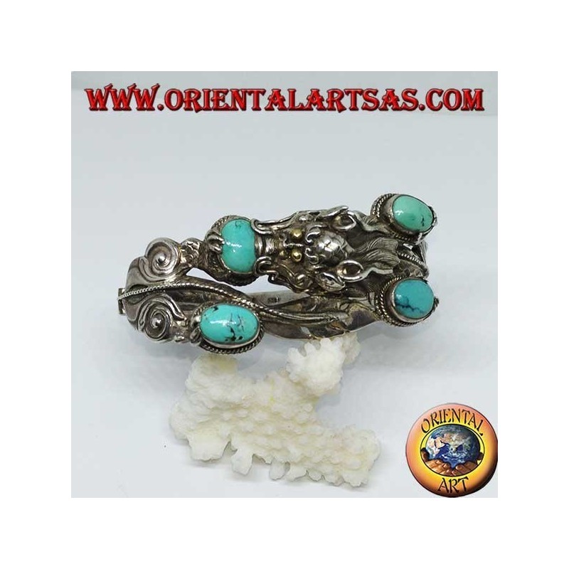 Armband aus starrem Silber, Dragon mit natürlichem Türkis, handgefertigt mit einer Handschellenöffnung