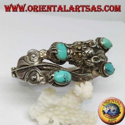 Bracciale in argento rigido, Drago con Turchesi naturali fatto a mano con apertura a manetta