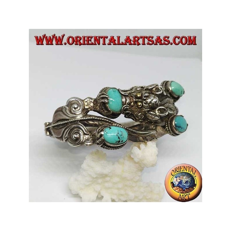 Bracelet en argent rigide, Dragon avec turquoise naturelle fait à la main avec une ouverture de menottes
