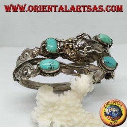 Bracciale in argento rigido, Drago con Turchesi naturali fatto a mano con apertura a manetta