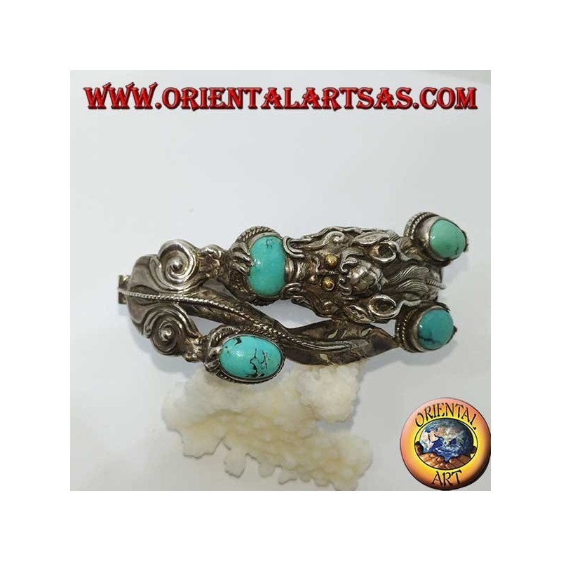 Bracelet in rigid silver, Dragon with natural turquoise handmade with a handcuff opening