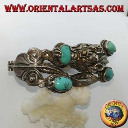 Bracelet in rigid silver, Dragon with natural turquoise handmade with a handcuff opening