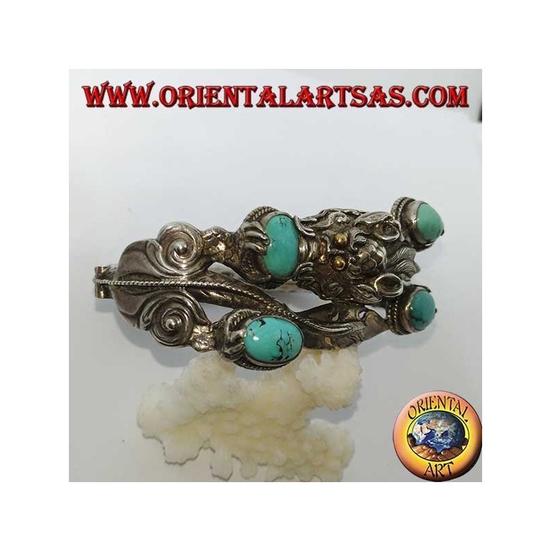 Bracelet en argent rigide, Dragon avec turquoise naturelle fait à la main avec une ouverture de menottes