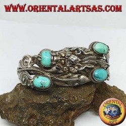 Bracelet en argent rigide, Dragon avec turquoise naturelle fait à la main avec une ouverture de menottes