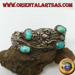 Bracciale in argento rigido, Drago con Turchesi naturali fatto a mano con apertura a manetta
