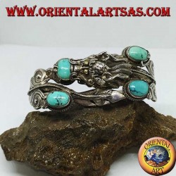 Bracciale in argento rigido, Drago con Turchesi naturali fatto a mano con apertura a manetta