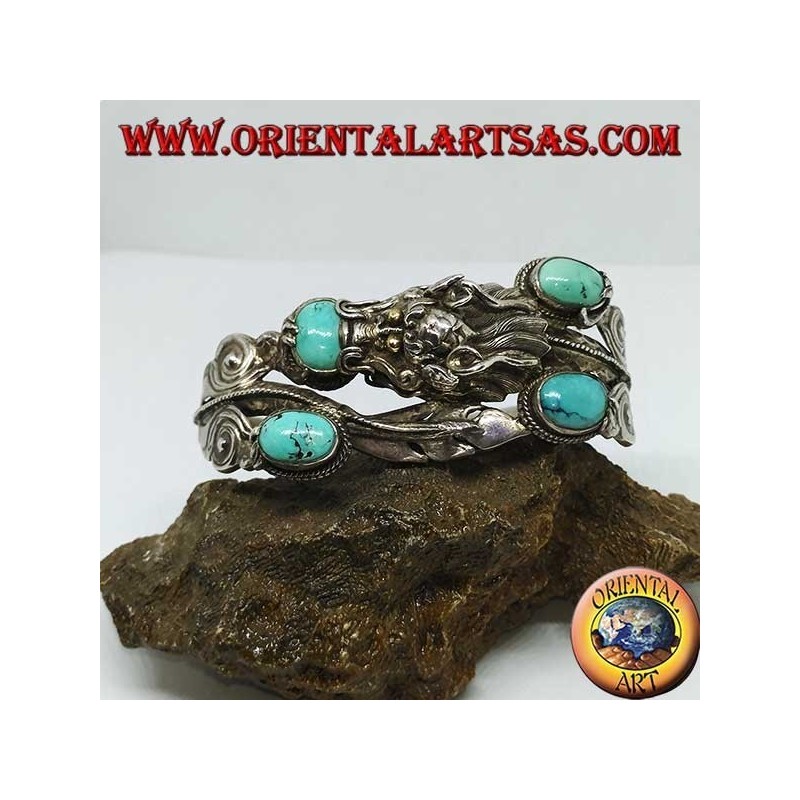 Armband aus starrem Silber, Dragon mit natürlichem Türkis, handgefertigt mit einer Handschellenöffnung