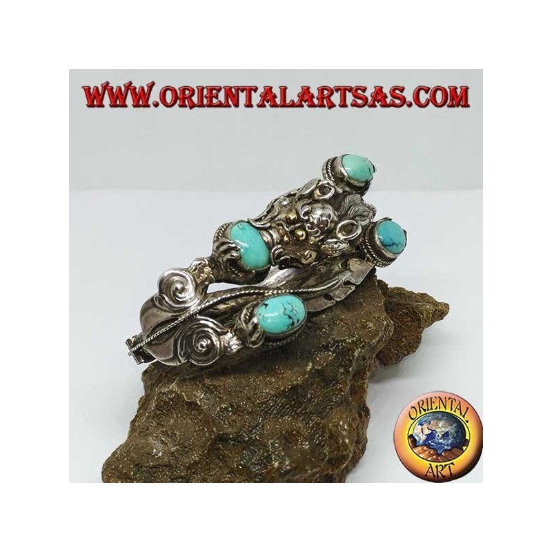 Bracelet en argent rigide, Dragon avec turquoise naturelle fait à la main avec une ouverture de menottes