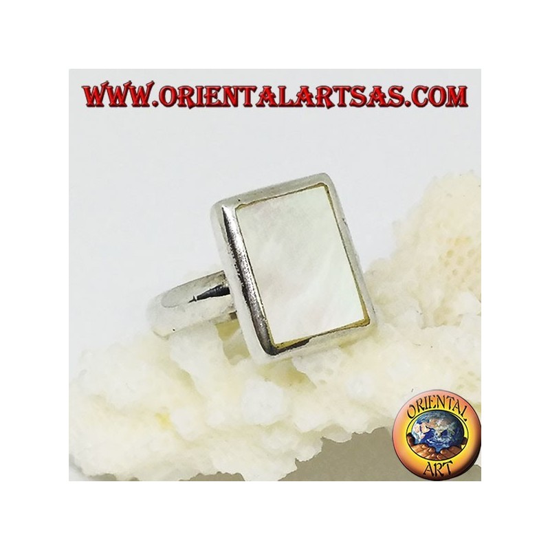 Silver ring with rectangular mother-of-pearl set flush with the edge