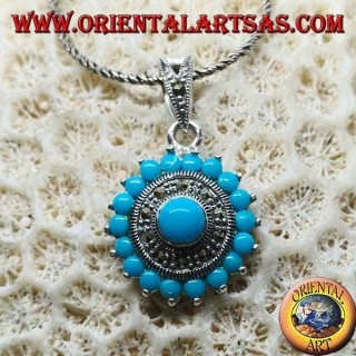 Round silver pendant with round turquoise and marcassites